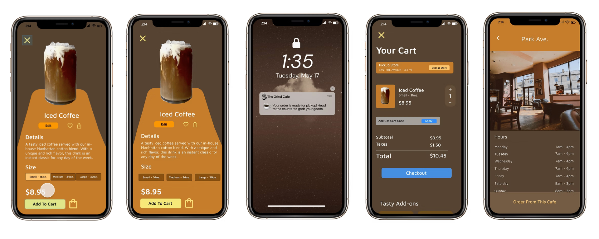 Final designs across product detail, notifications, cart, and store