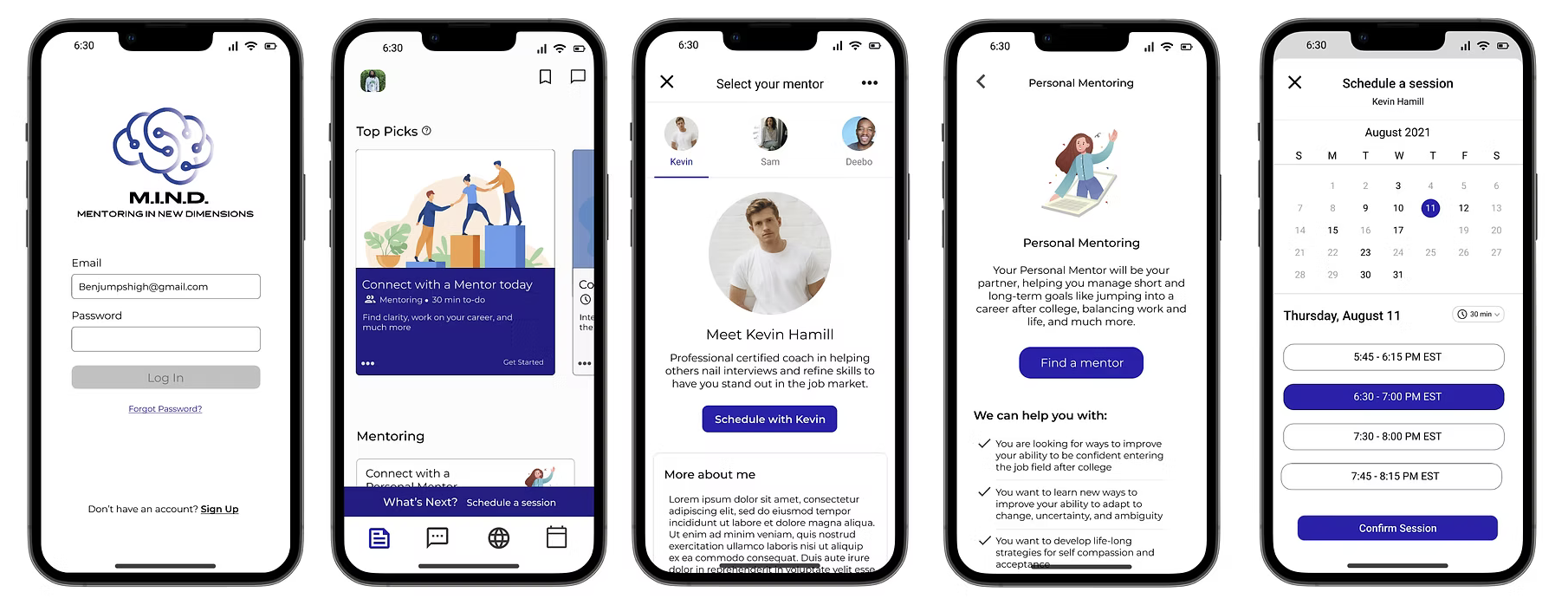 MIND Mentoring App final screens: login, home, mentor profile, personal mentoring, and scheduling