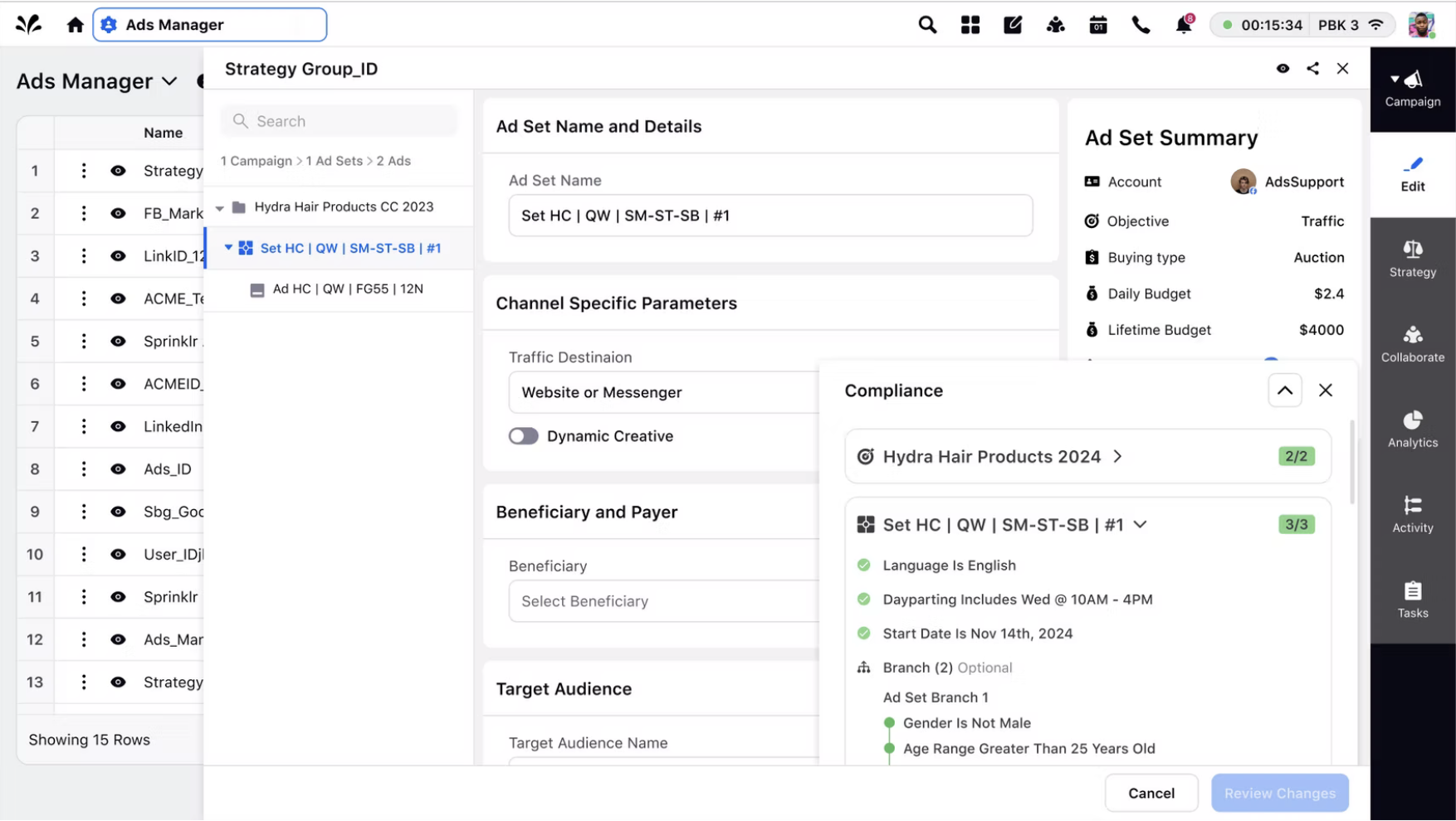 Final design of Ads Manager with a Strategy Group side sheet and a Compliance checklist panel anchored to the bottom right