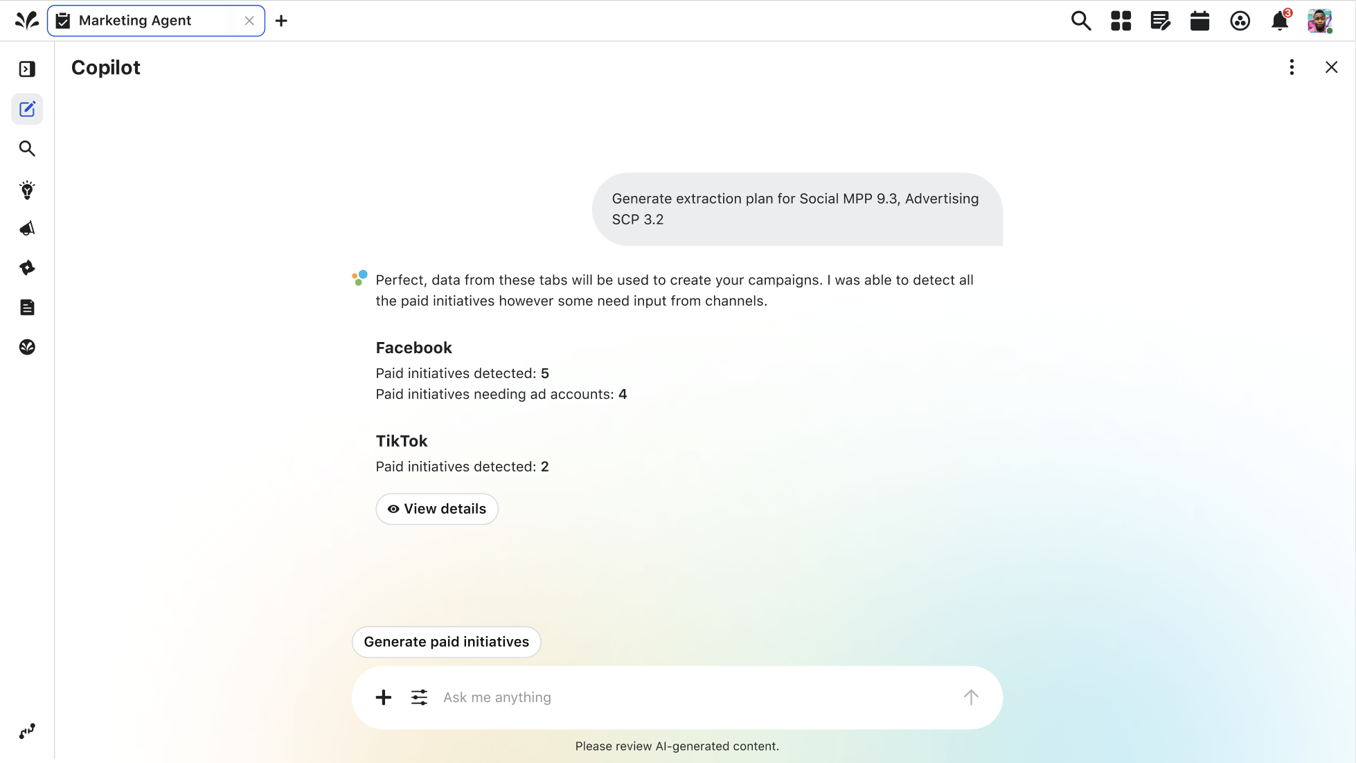 Detected paid initiatives summarized per channel
