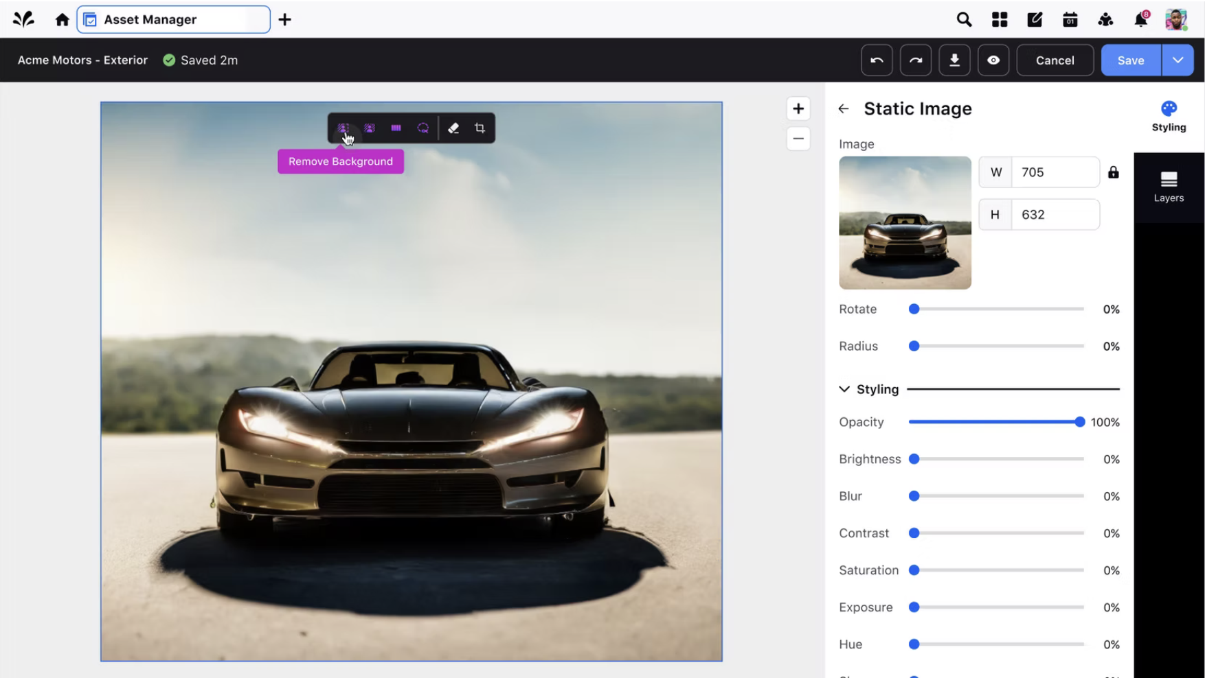 Image editor showing AI features including remove and replace background options