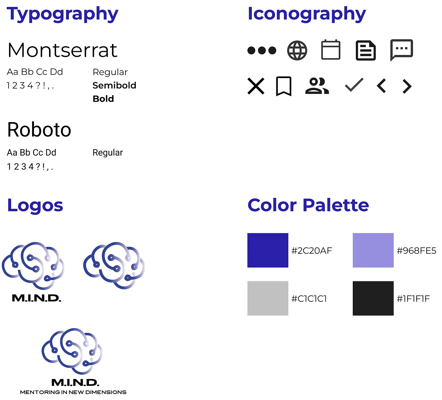 MIND Mentoring App style guide: typography, iconography, logos, and color palette
