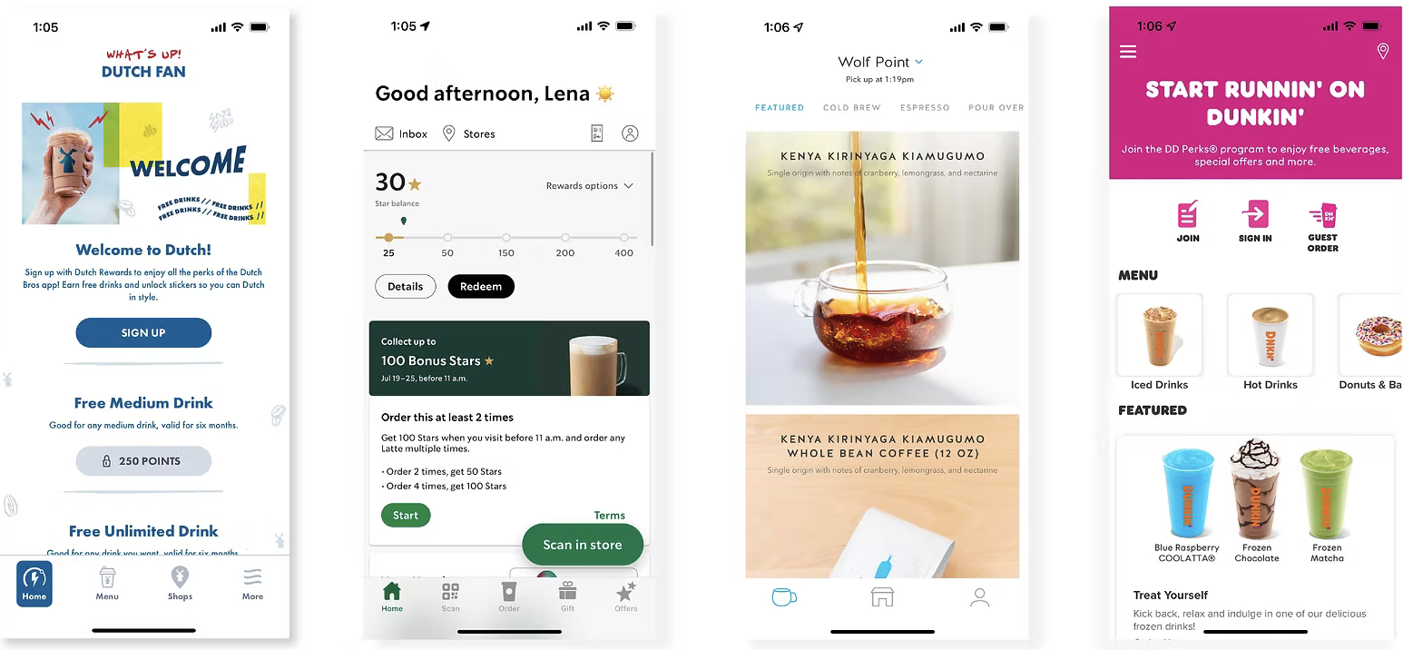 Competitor apps: Dutch Bros, Starbucks, Blue Bottle, and Dunkin' Donuts home screens