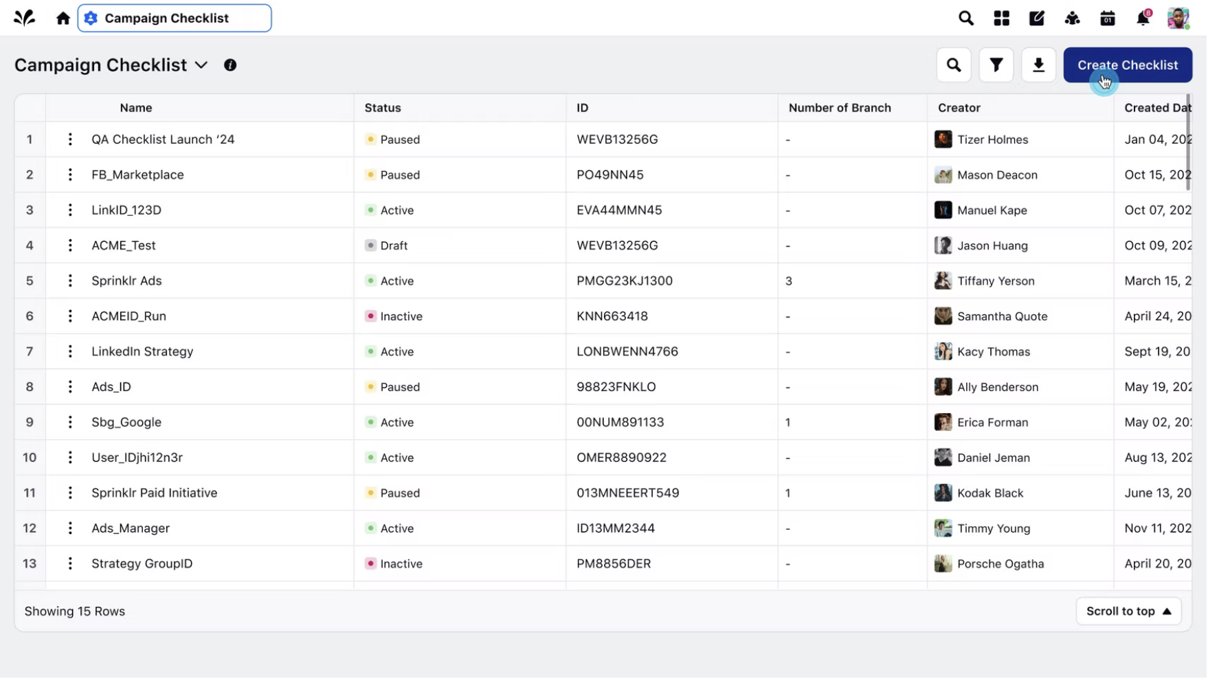 Final design of the Campaign Checklist table view with rows of checklists and a Create Checklist CTA