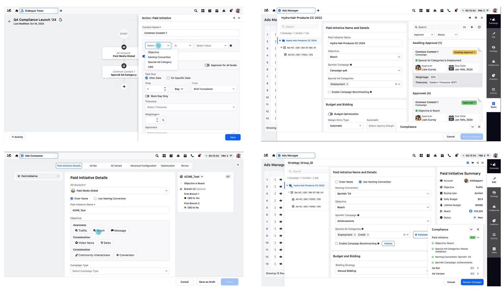 Design explorations showing dialogue tree workflows, ad composer interfaces, and approval panels in the Sprinklr campaign checklist