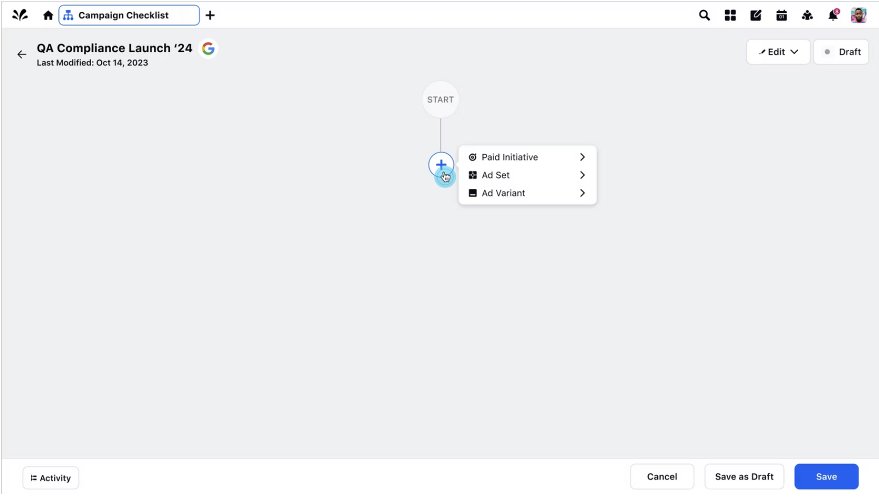 Final design of the QA Compliance Launch workflow builder with Paid Initiative, Ad Set, and Ad Variant options