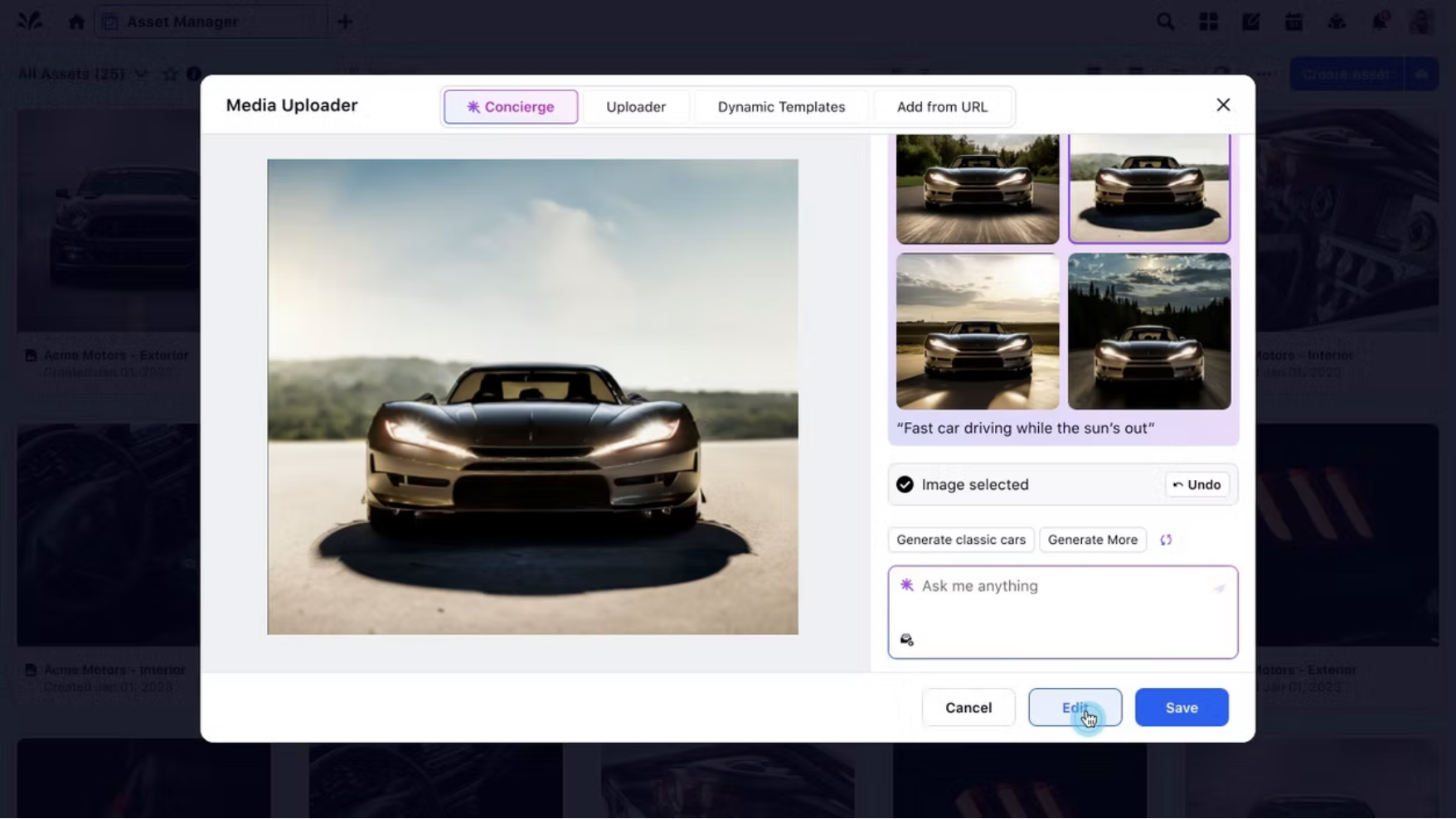 Media uploader showing four generated car image variants to choose from