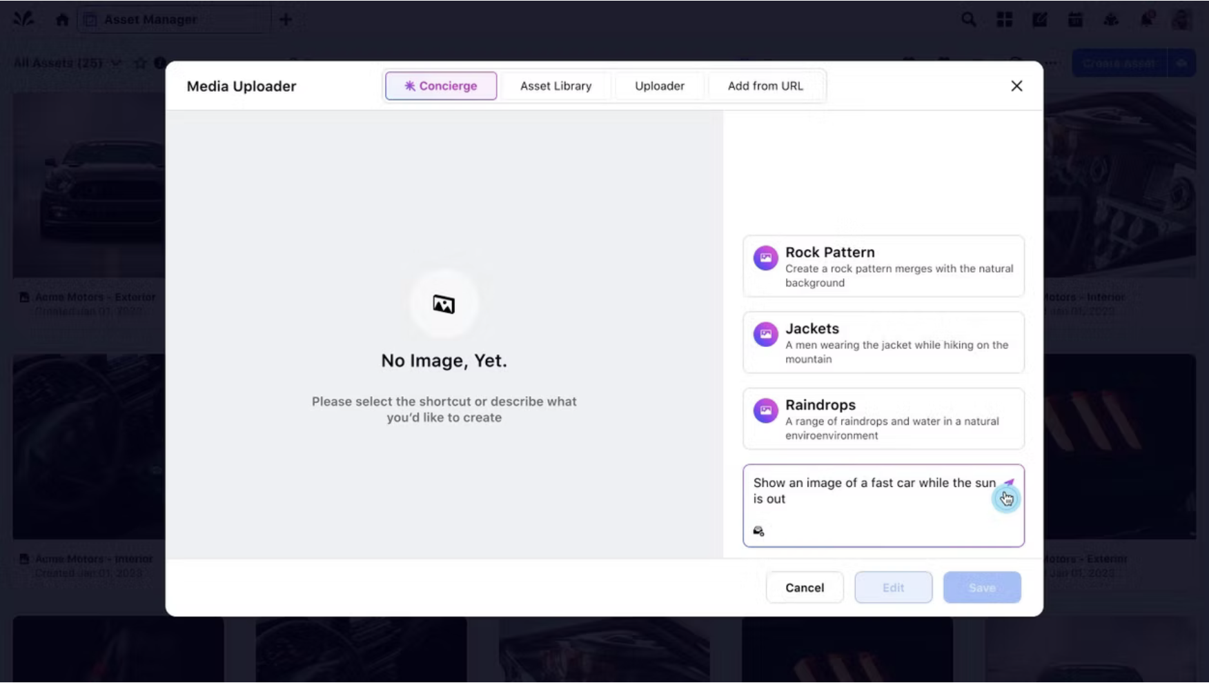 Image asset modal showing prompt shortcuts and input field for AI image generation