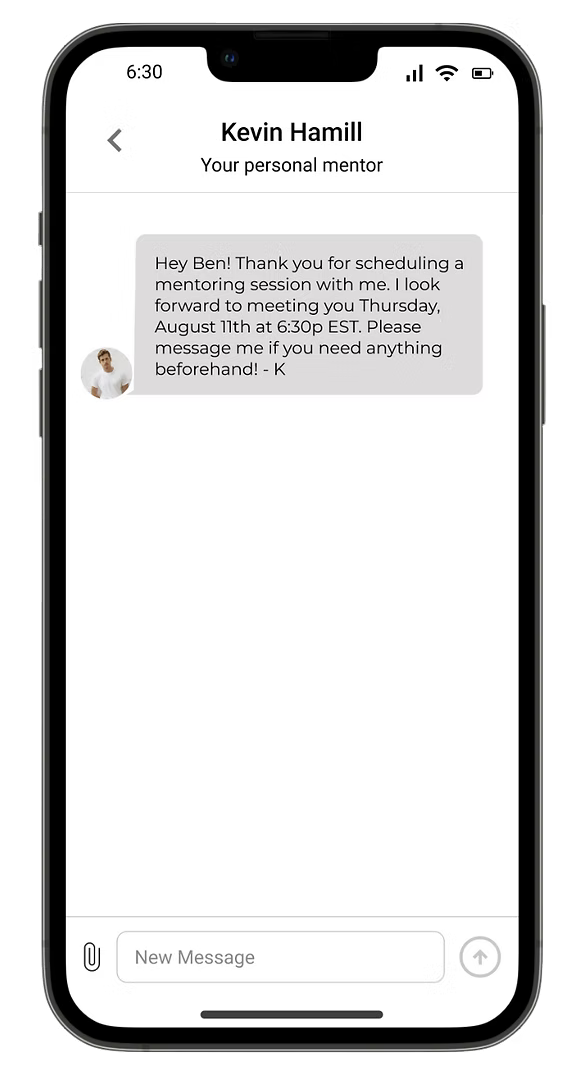 Message thread with Kevin Hamill, your personal mentor