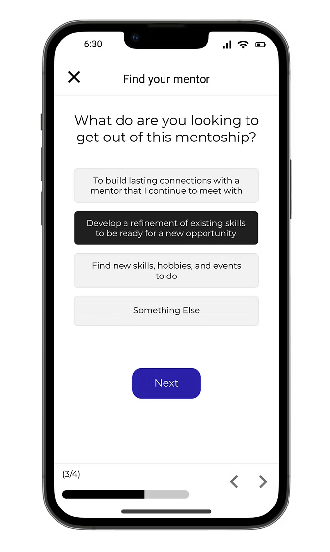 Questionnaire screen — Find your mentor
