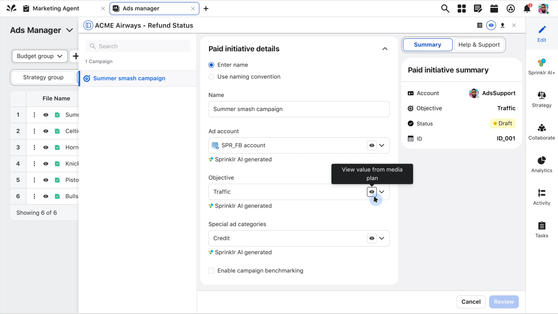 Ads Manager draft with each field traceable to the media plan