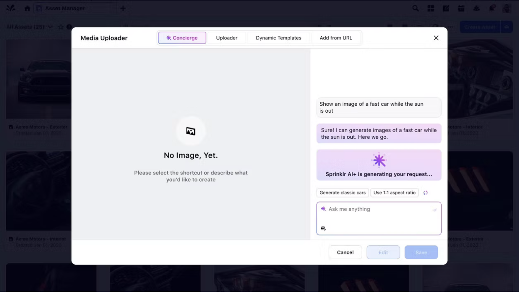 Media uploader showing AI generating images from the entered prompt