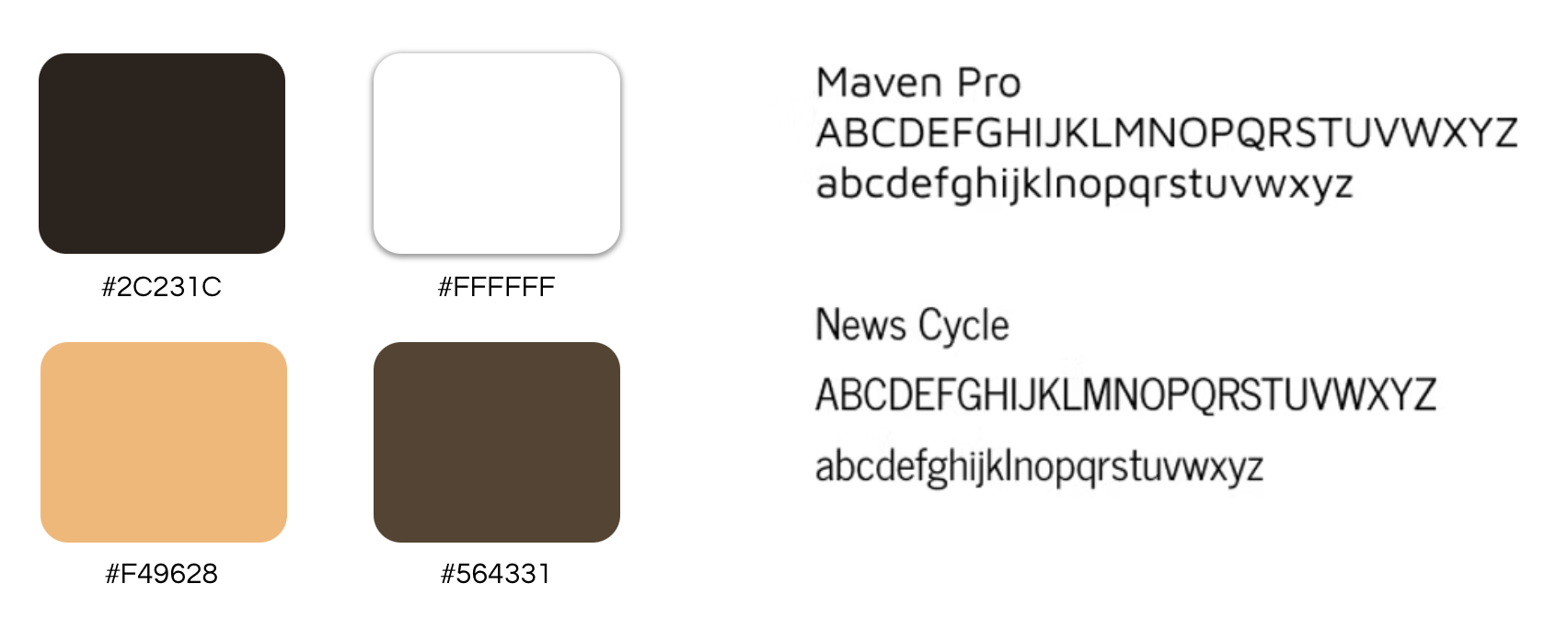 Color palette and typography: Maven Pro and News Cycle