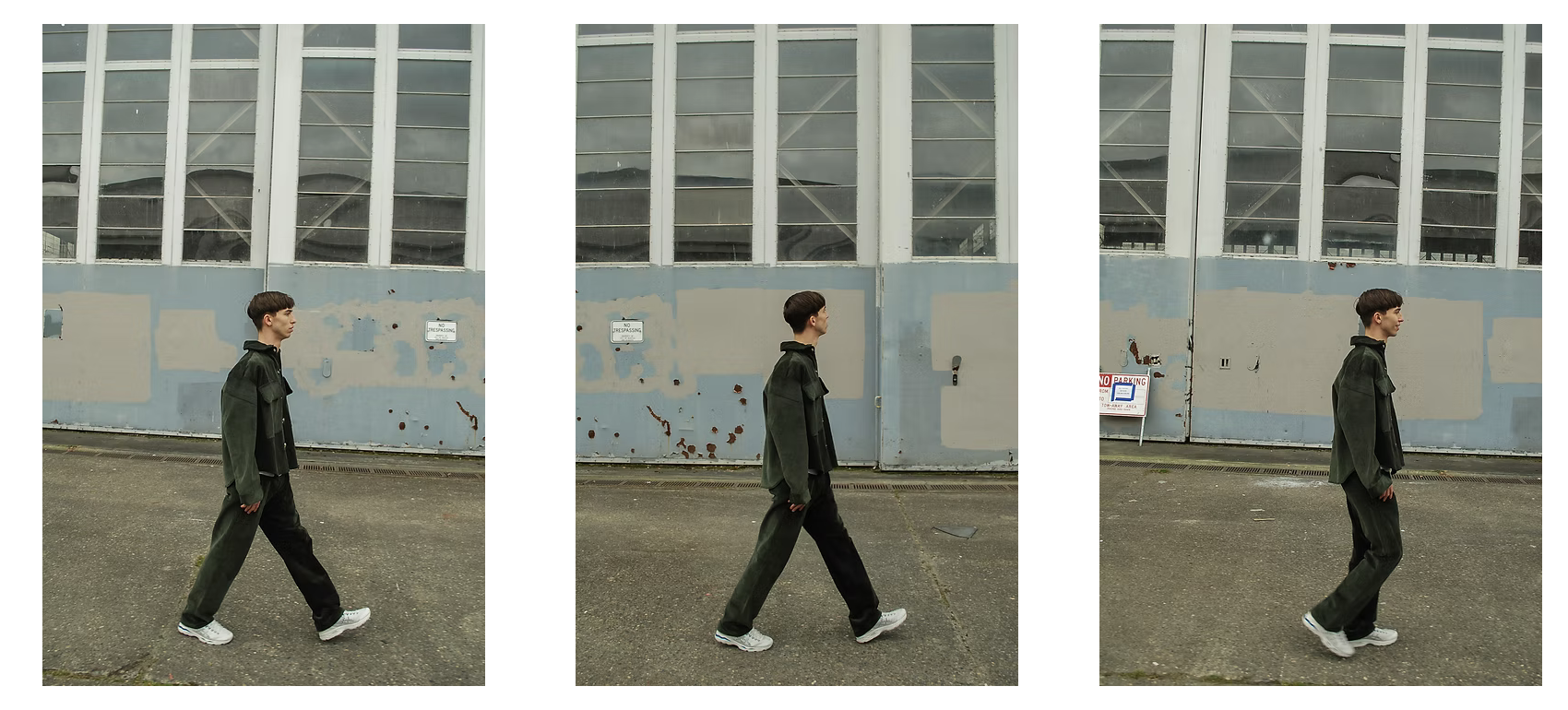 Triptych — model walking past a warehouse facade