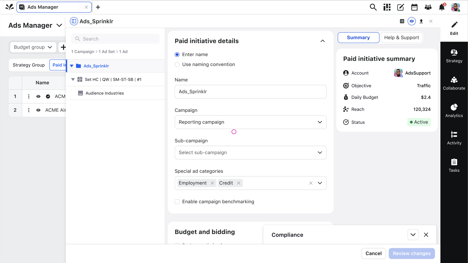 Original Ads Manager paid initiative details panel