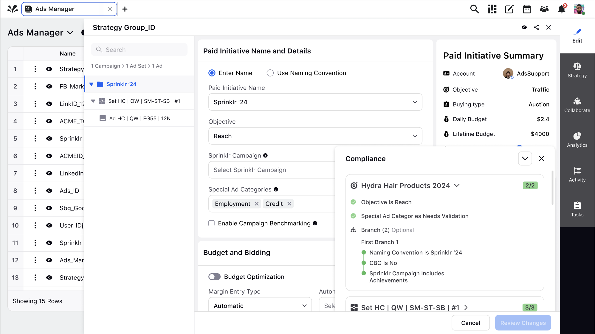 Original Ads Manager with the campaign checklist footer overlapping the form