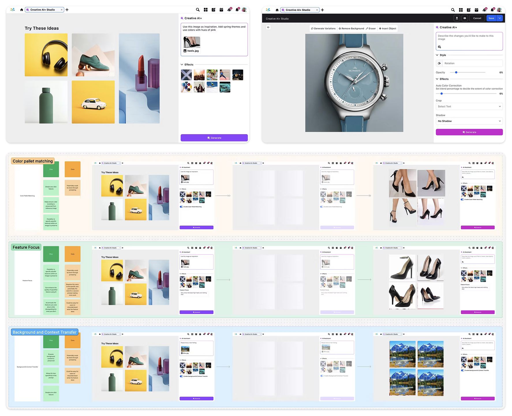 Design explorations showing AI studio interface variations including color palette matching, feature focus, and background content transfer workflows