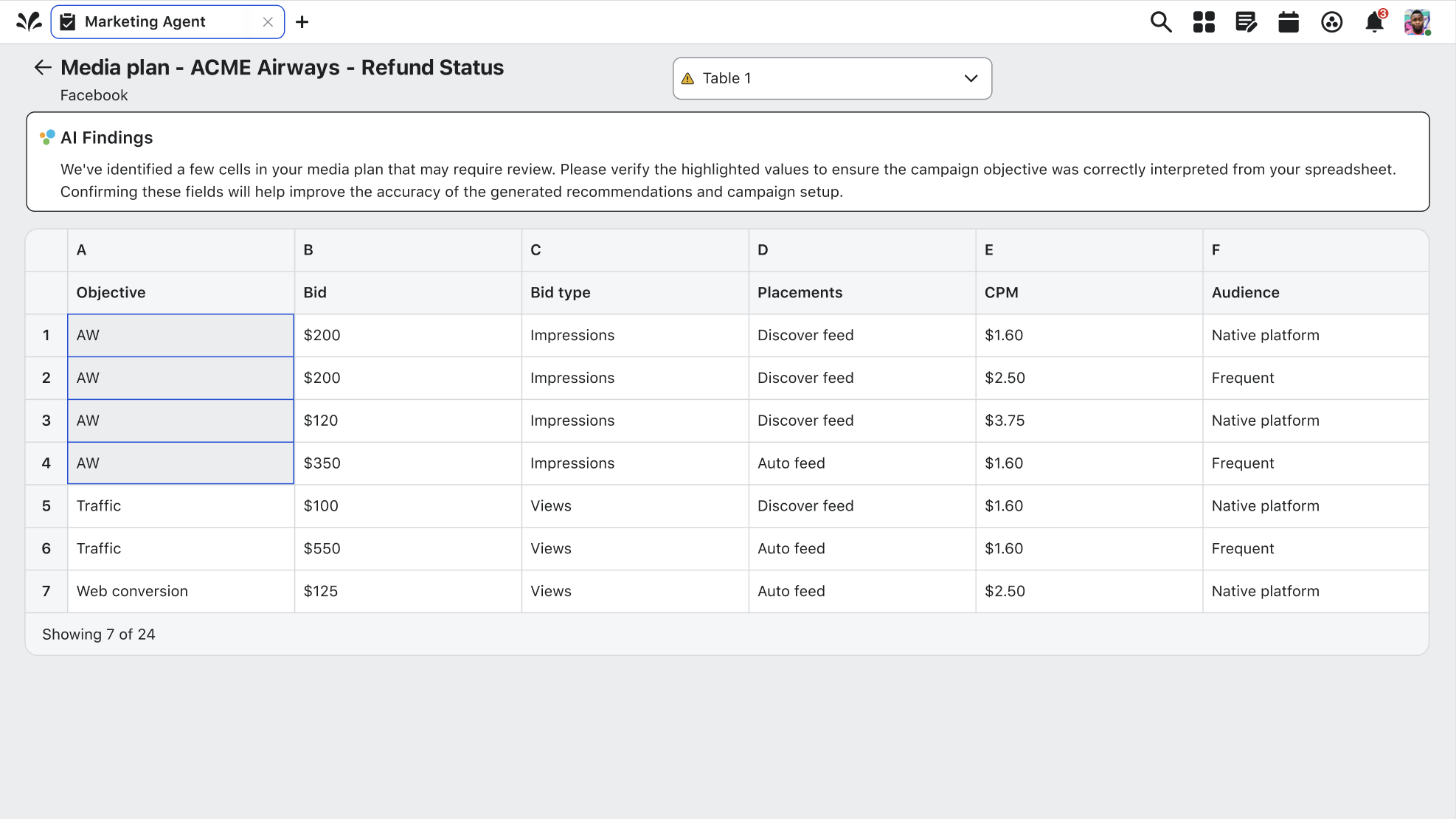 Parsed media plan table with AI findings flagging cells that need review