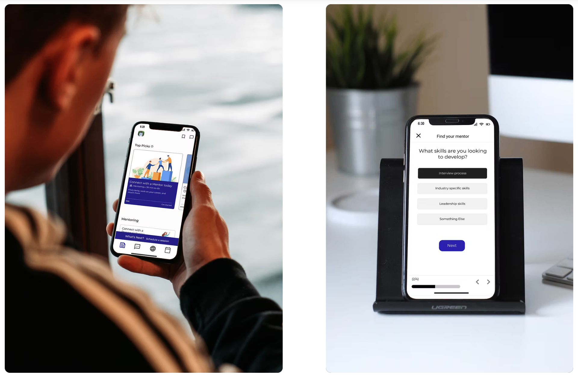 MIND Mentoring App shown in real-world contexts