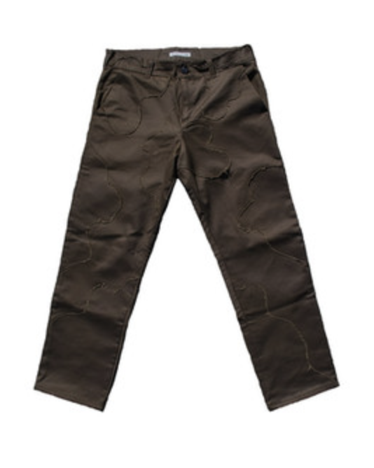 Olive trouser with stitched motifs — product still