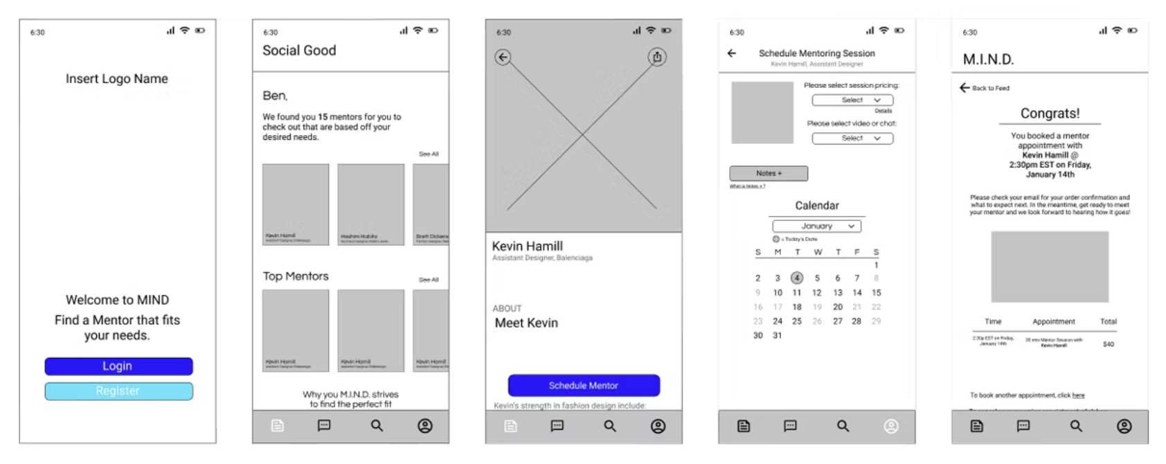 MIND Mentoring App digital wireframes