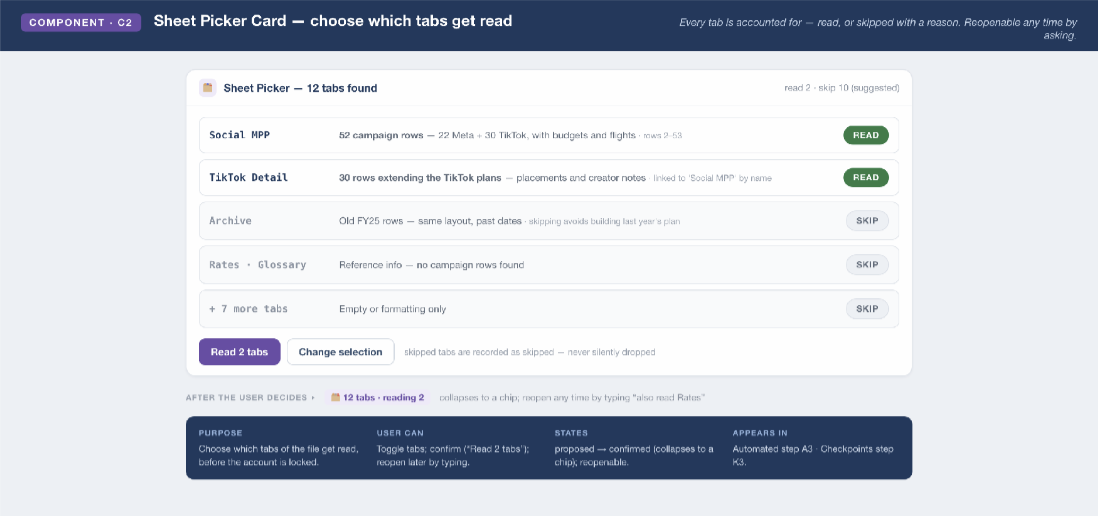 Sheet picker — which tabs get read