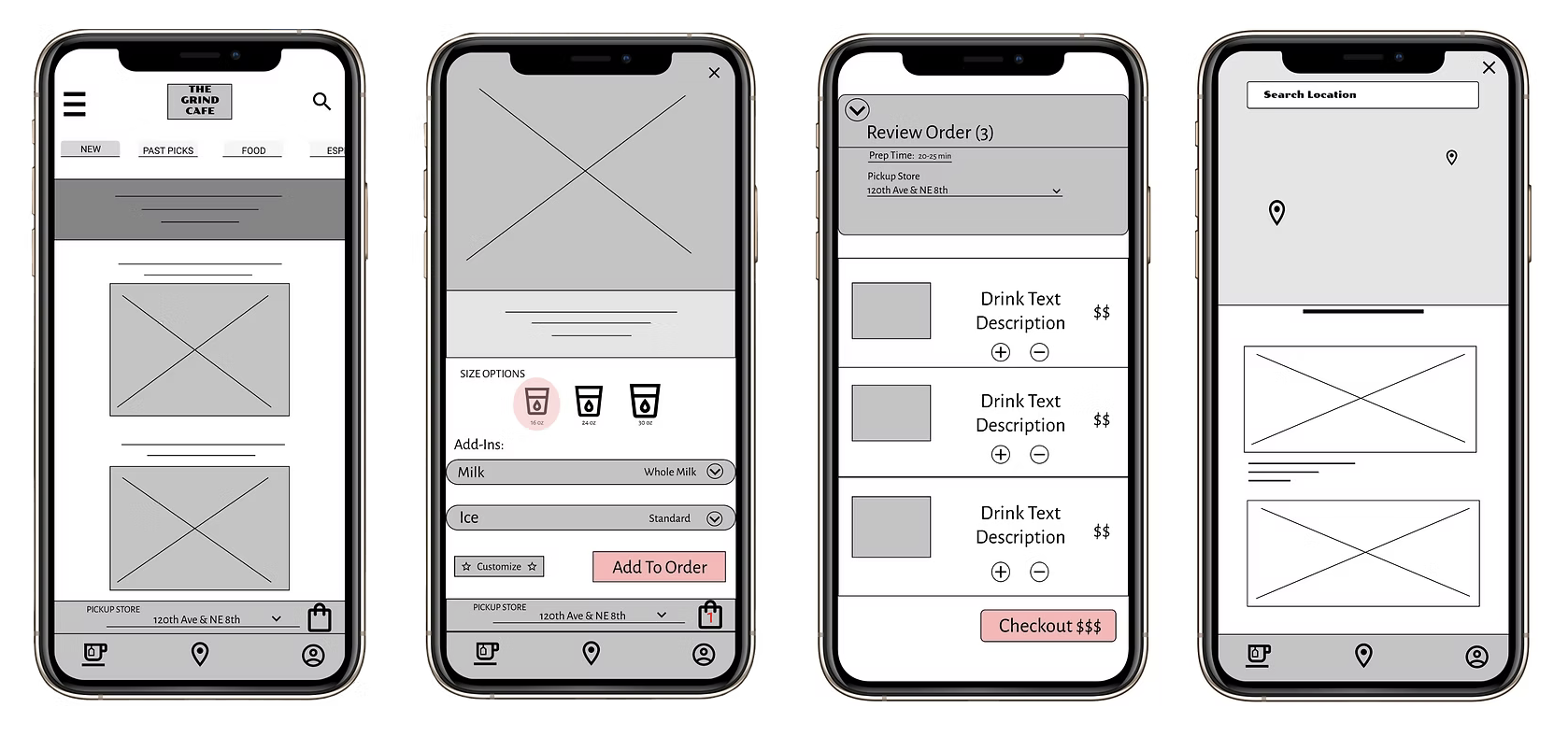 Digital wireframes for menu, product detail, review order, and store locator