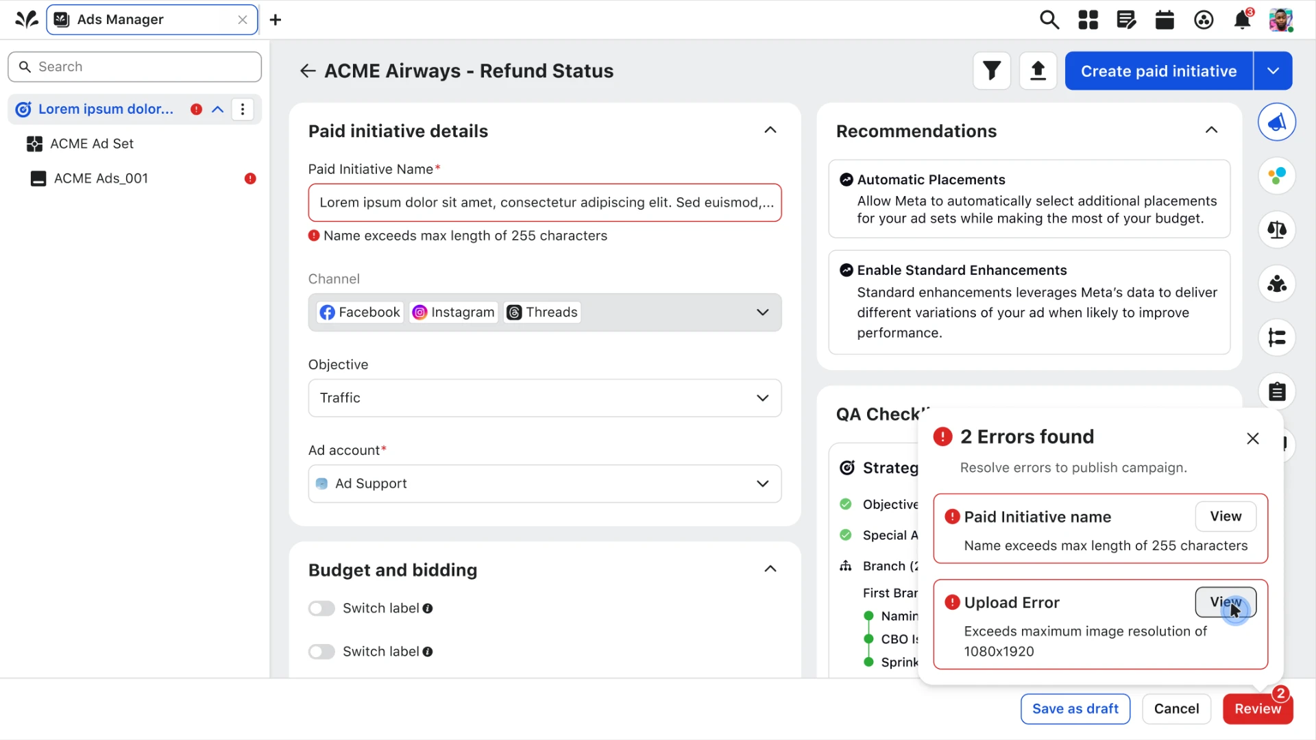 Errors found panel listing issues with view buttons