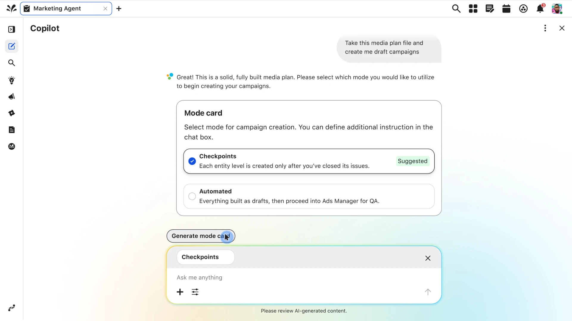 Copilot mode card offering checkpoint or automated campaign creation