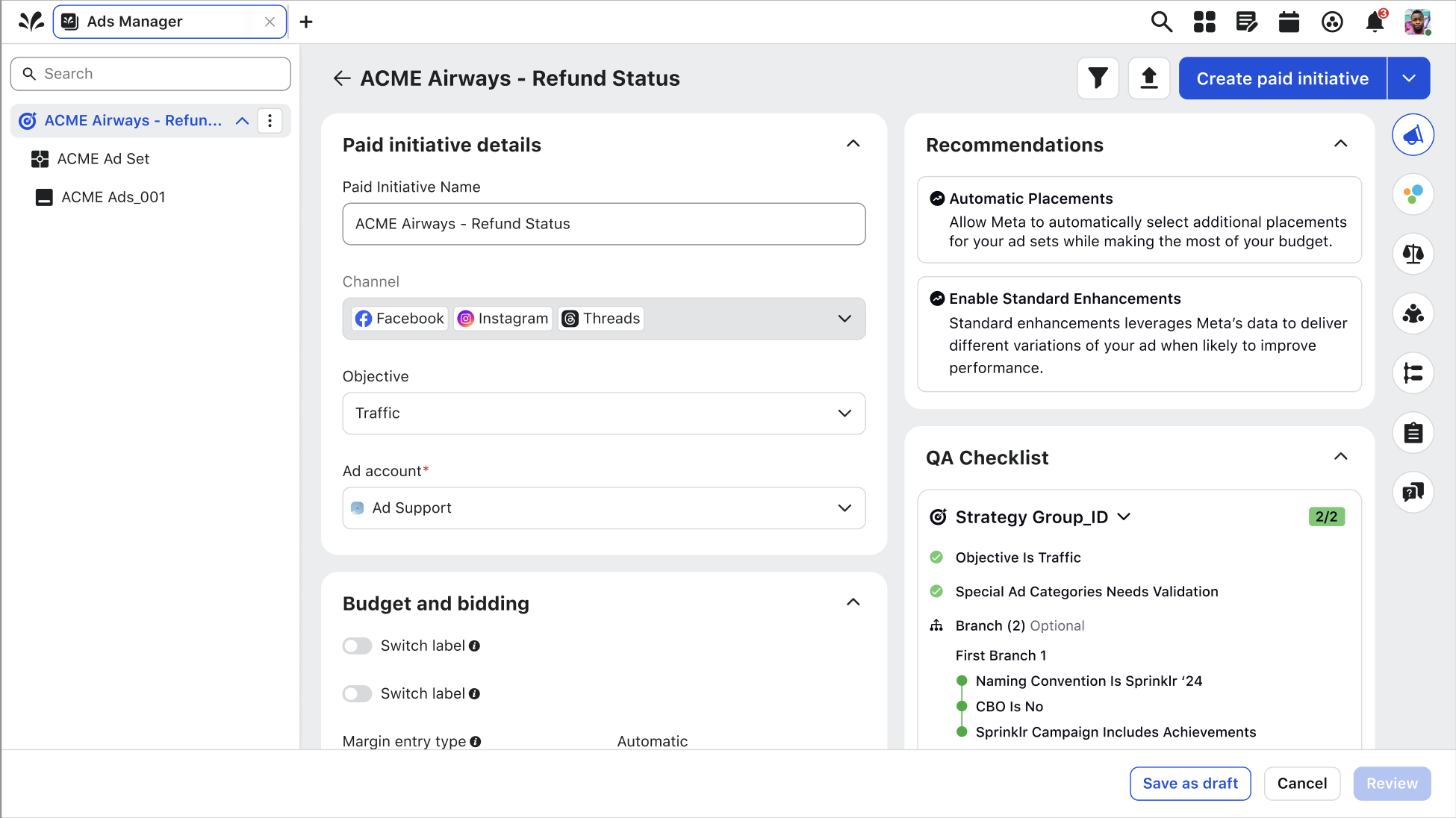 Redesigned Ads Manager with docked QA checklist and recommendations rail