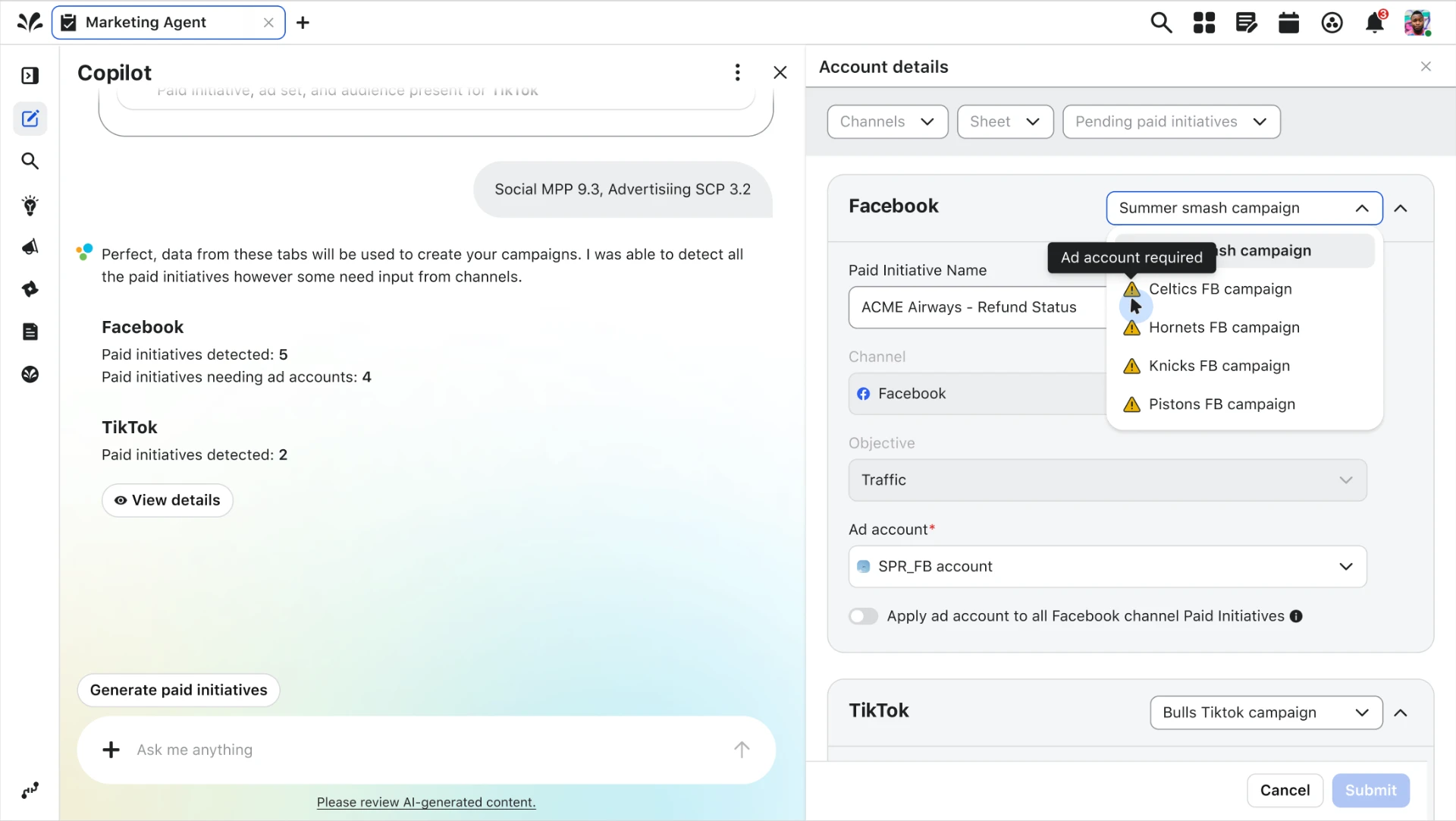 Account details panel assigning ad accounts to initiatives