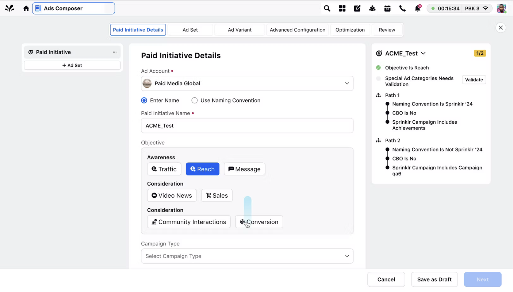 Final design of the Ads Composer with Paid Initiative Details form and the checklist verification panel on the right