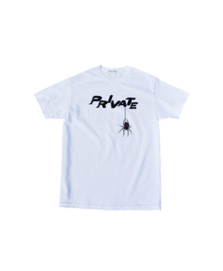 White tee with 'Private' spider graphic