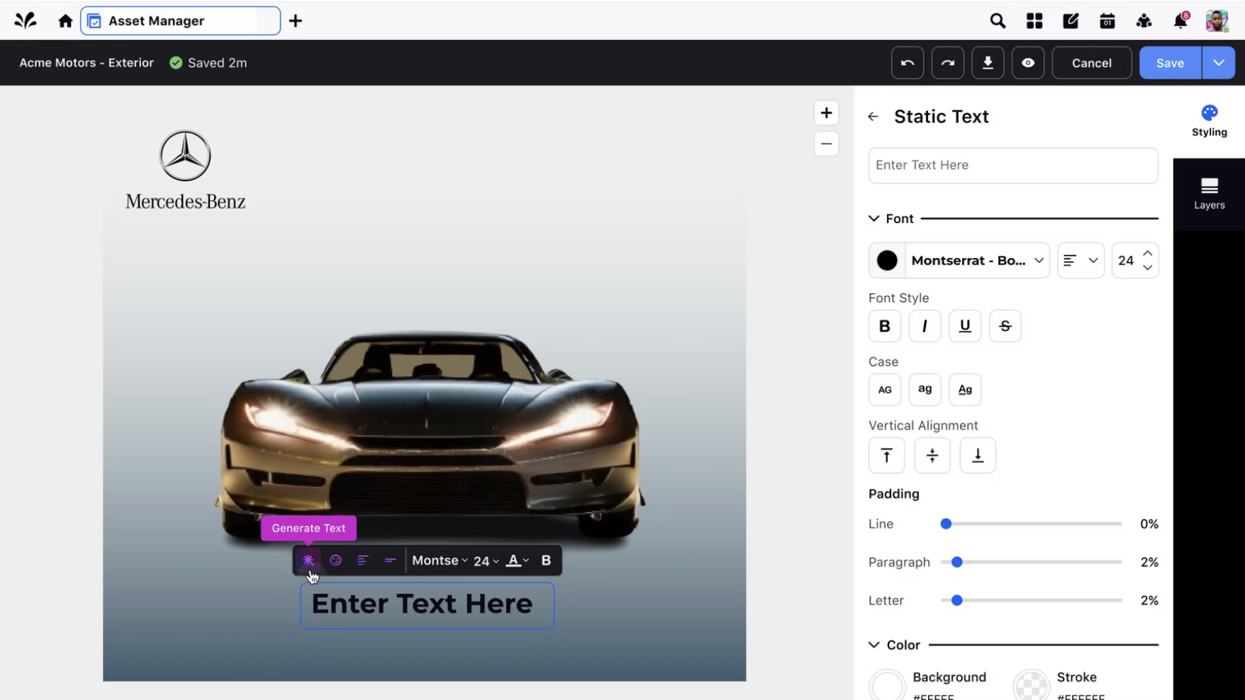Image editor showing AI text generation feature with a generated text overlay on the car image
